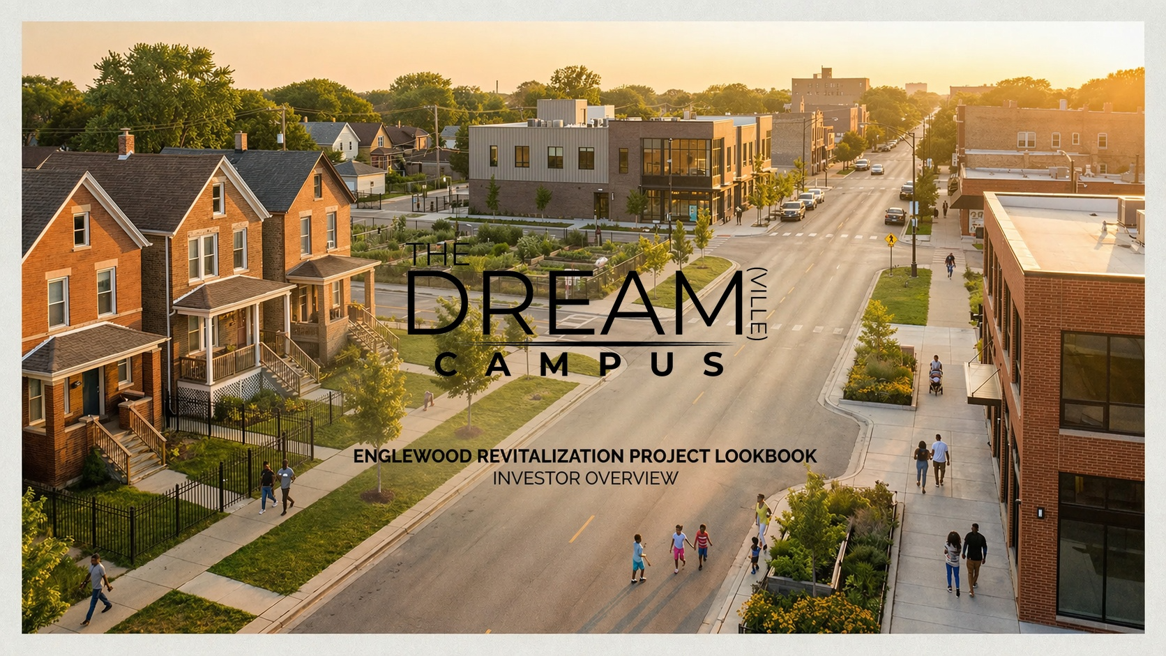 The Dream Campus — Englewood revitalization concept at golden hour